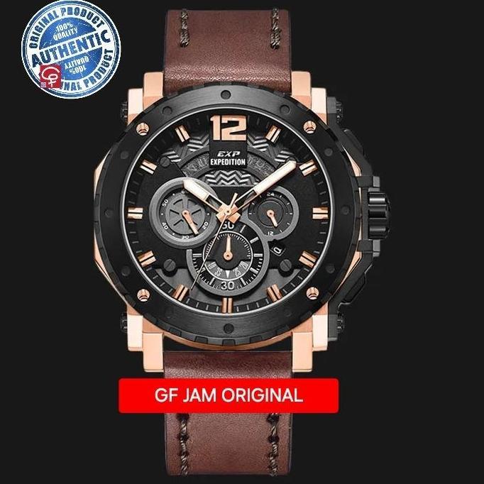 EXPEDITION E6402 E 6402 MAN BLACK ROSEGOLD LEATHER STRAP JAM TANGAN