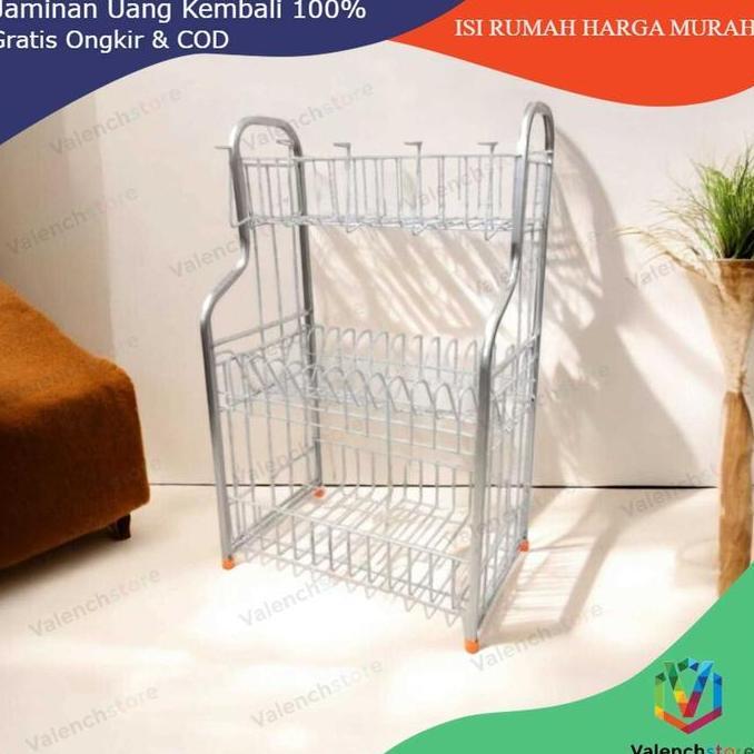 RAK PIRING 3 SUSUN DENGAN GELAS RPL 03 LENGKUNG /RAK DAPUR / RAK GELAS/ RAK PIRING ALUMUNIUM 3 SUSUN