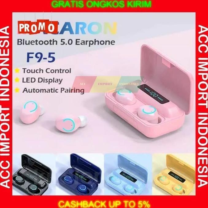 Headset Bluetooth Earphone TWS Macaron F9 Wireless Headset Pink Lucu