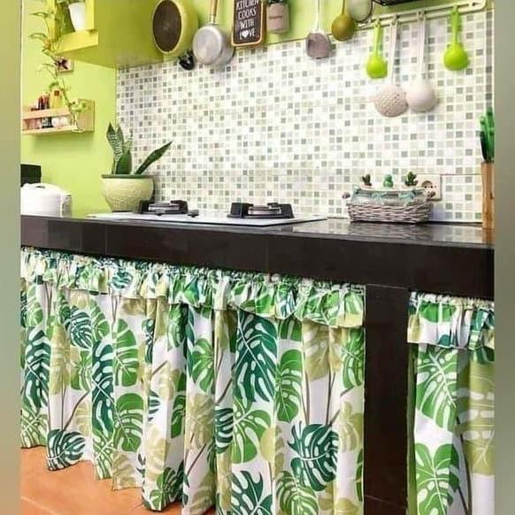 Gorden Kolong Dapur Motif Monstera Bunga Shabby Korden Tirai Horden