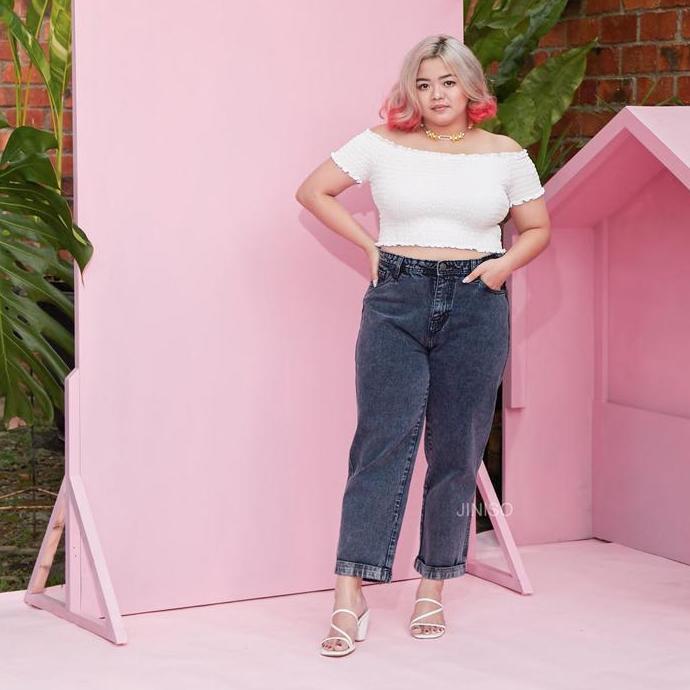 Hose- Real Curvy - Jiniso Jumbo Boyfriend Celana Jeans Wanita Warna Denim Highwaist