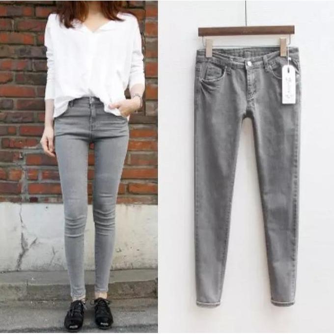Hose- Celana Panjang Jeans Pensil Wanita Abu-Abu/Celana Jeans Wanita Abu-Abu Sobek//Celana Pensil Wa