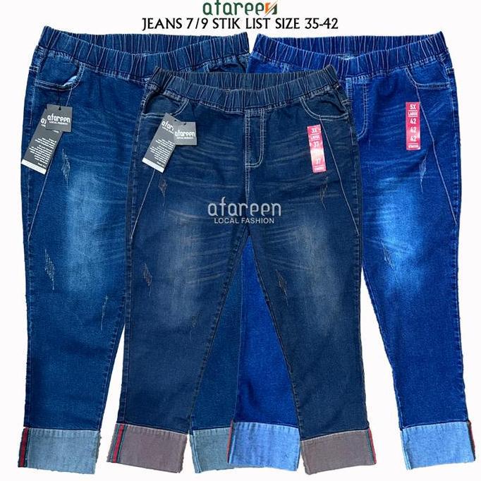 Hose- Afareen - Celana Jeans 79 Wanita Wisker Jeans 7/9 Pinggang Karet Stretch Melar Legging Jeans C