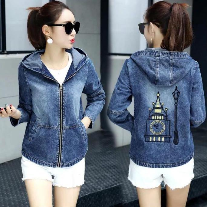 Hose- Jaket Jeans Hoodie Wanita Lengan Panjang Ritsleting Belakang Bordir