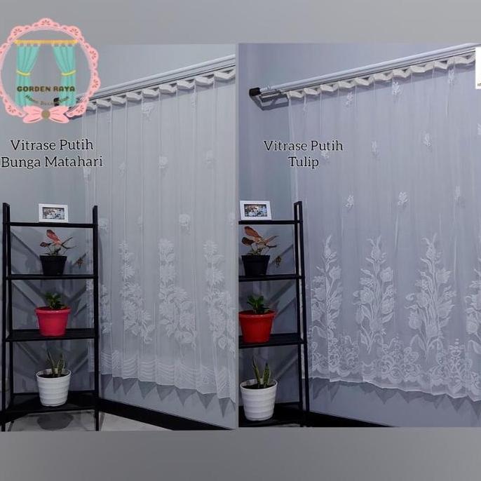 Flmy- Gorden Vitrase Motif Tulip Dan Matahari Lapisan Gorden Kain Kain Putih Plisket