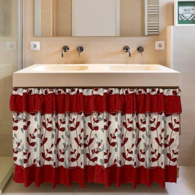 Flmy- Gorden Kolong Dapur Motif Daun Merah | Gorden Minimali | Bisa Custom Size | Tirai Kolong Dapur