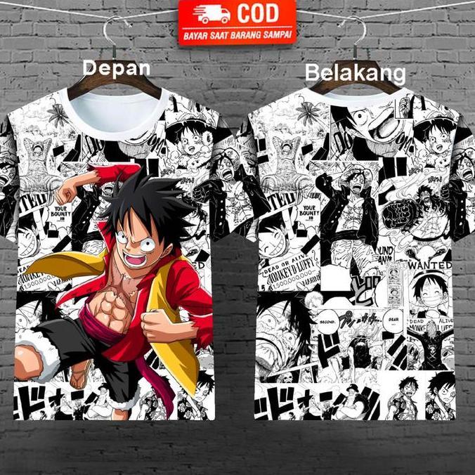 Vorgese- Kaos Distro Cowok Motif Luffy Depan Belakang Ada Sablon Untuk Pria Dewasa Katun Hitam Keren
