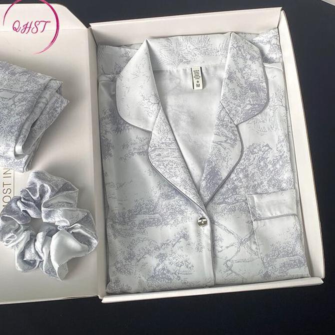 QHST Piyama Set Wanita Gaya Cina Lukisan Tinta Abu |  Lengan Panjang Celana Panjang | Baju Tidur Wan