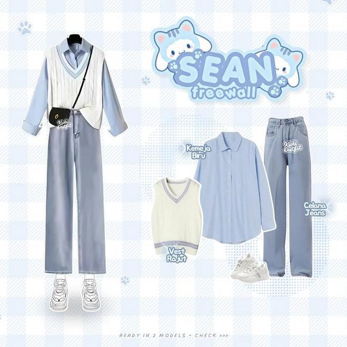 Uprelig- Kuki Outfit - Sean Baju One Set Wanita (Kemeja, Vest Rajut Bkk, Celana Jeans) Korean Style 