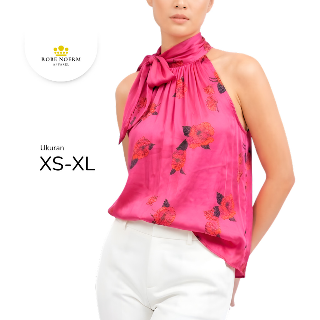Blouse Tie Neck Halter Top Motif Floral – Atasan Wanita Satin Kerah Tali Elegan