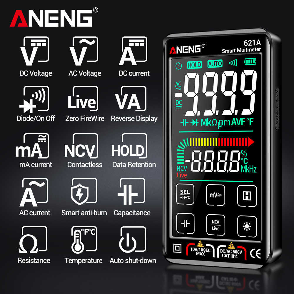 Smart Digital Multimeter Tester Transistor Touch Screen Warna 621A ANENG