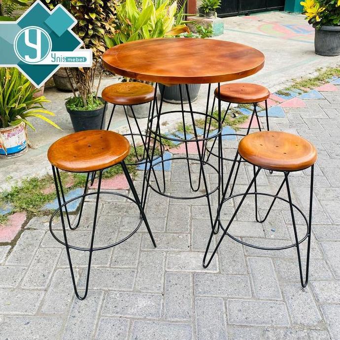 1 SET MEJA BULAT KAFE / T 75 CM D 60 CM 2 KURSI KAFE T 50 CM Hitam kayu besi Antik estetik meja tama