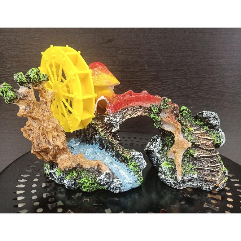 hiasan aquarium jembatan kincir, dekorasi aquarium jembatan kincir, jembatan kincir aquarium, hiasan