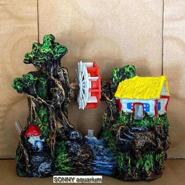 dekorasi aquarium rumah kincir, dekorasi aquarium rumah pohon kincir, hiasan aquarium rumah kincir, 
