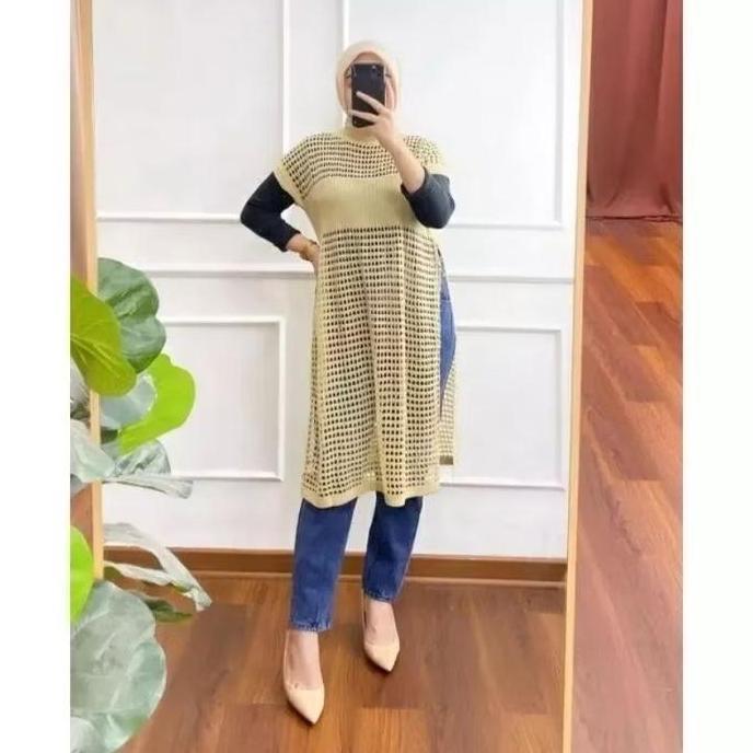 Ruby Tunik Variasi Jaring - Atasan Wanita Tanpa Lengan - Tunik Rajut Belah Samping Muslim Panjang Re