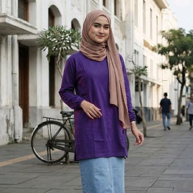 Atasan Kaos Tunik polos  Merah Maroon wanita Dewasa Muslim terbaru lengan panjang tangan serut karet