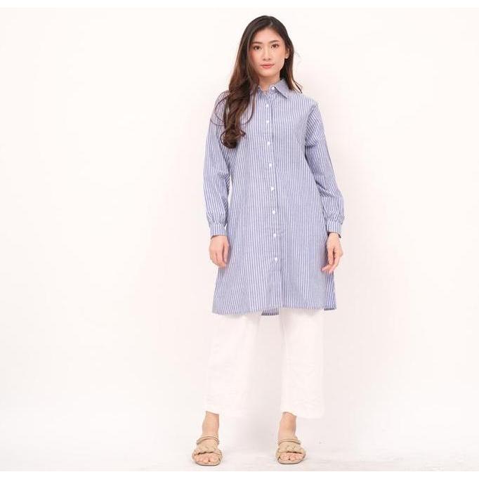 NHM Baju Tunik Kemeja Wanita Salur Atasan Muslim katun Ld 100-110 Kancing Kerah Panjang Remaja Dewas