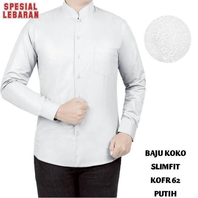 BAJU KOKO MUSLIM PRIA KEMEJA KOKO PRIA SLIM FIT LENGAN PANJANG FORTUN REMO KOFR 62 PUTIH GLOW MUSLIM