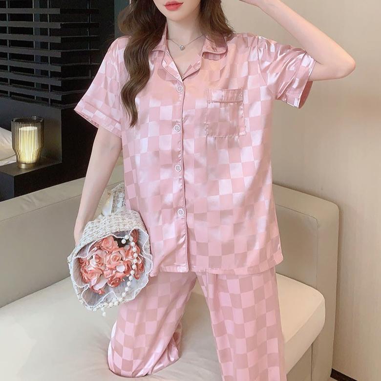 TERBARU { MyReseller }  Stelan Baju Tidur Import Ice Silk Wanita Dewasa Musim Dingin Short Sleeve Ka