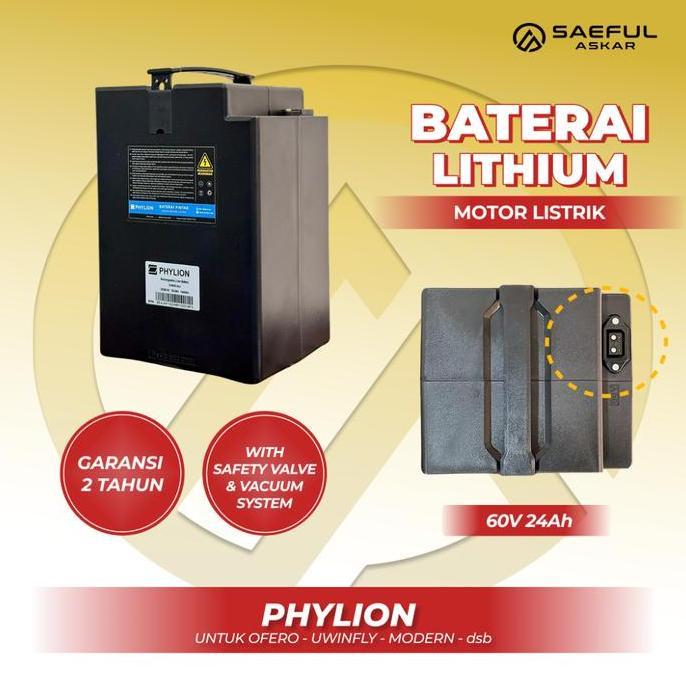Phylion 60V 24Ah Baterai Sepeda Listrik Ofero Lithium | Set Baterai Lithium dengan Charger 60V dan K
