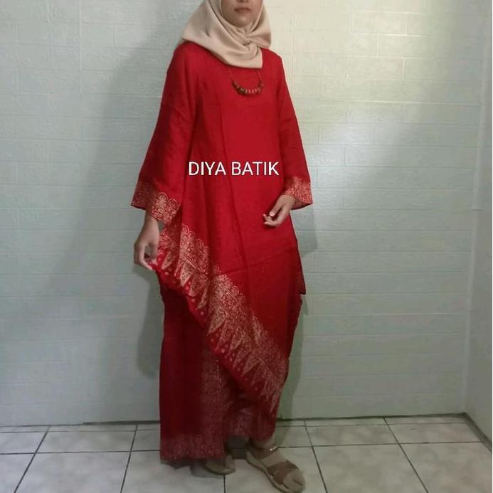 Setelan Tunik Miring Batik Jupri Viscose Kondangan Wanita Formal