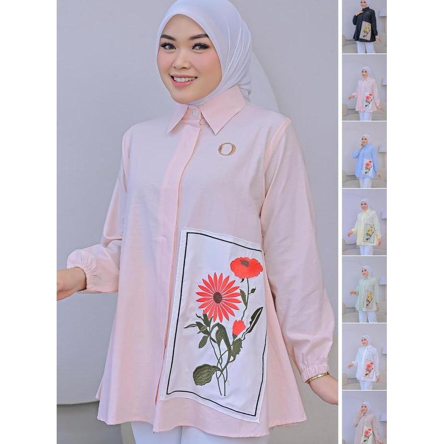 OVI Shirt - Kemeja Tunik Wanita Motif Bordir Bunga Matahari - Atasan Muslimah Premium