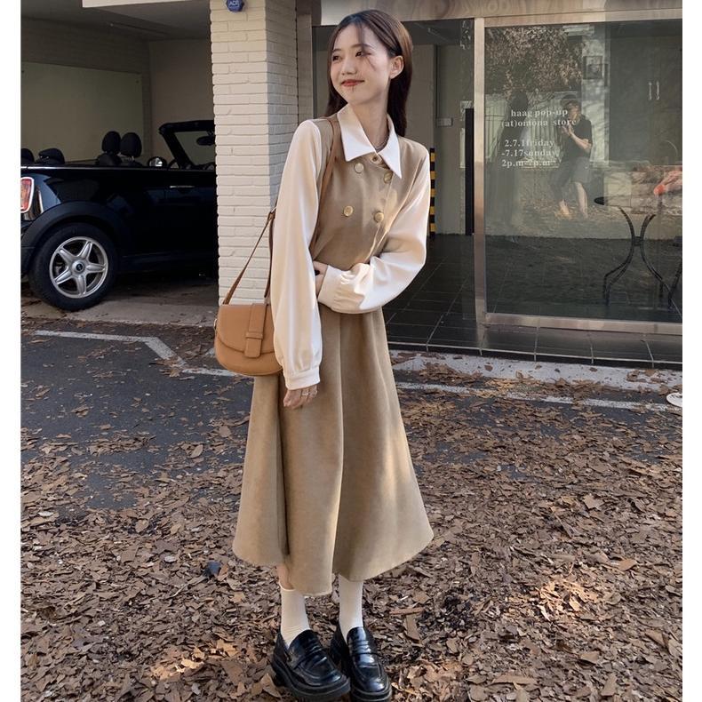 Premium Dress Retro Kasual Wanita Gaya Korea Dress Lengan Panjang Kerja Longgar