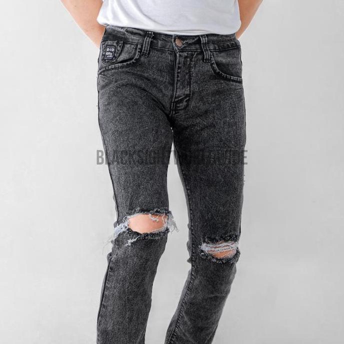 JUAL FIFTEEN DENIM - Celana Jeans Sobek Lutut Robek Ripped Black Jazz Destroy Slim Fit Premium JUAL