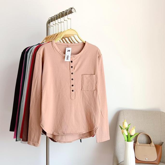 PROMO Atasan Oblong Basic Rayon Ramise - Kaos Lengan Panjang Busui Friendly - Baju Oval Kancing Rami