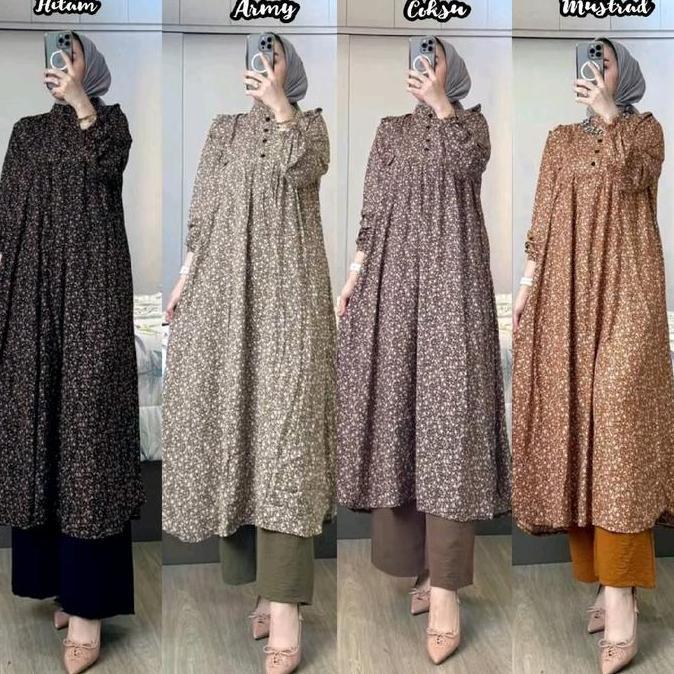 BELI Set Tunik Wanita  One Set Long Tunik Kancing Motif / Bahan Atasan Rayon Diamond Mix Crinkle Air
