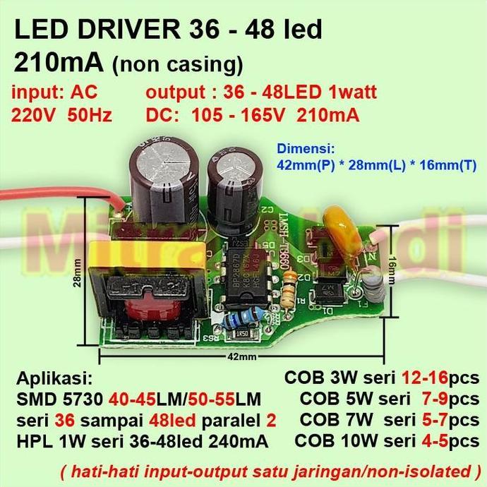 YOGSIXO LED Driver 36-48x1 Watt 210 mA (NO IC) AC-DC Tanpa Casing