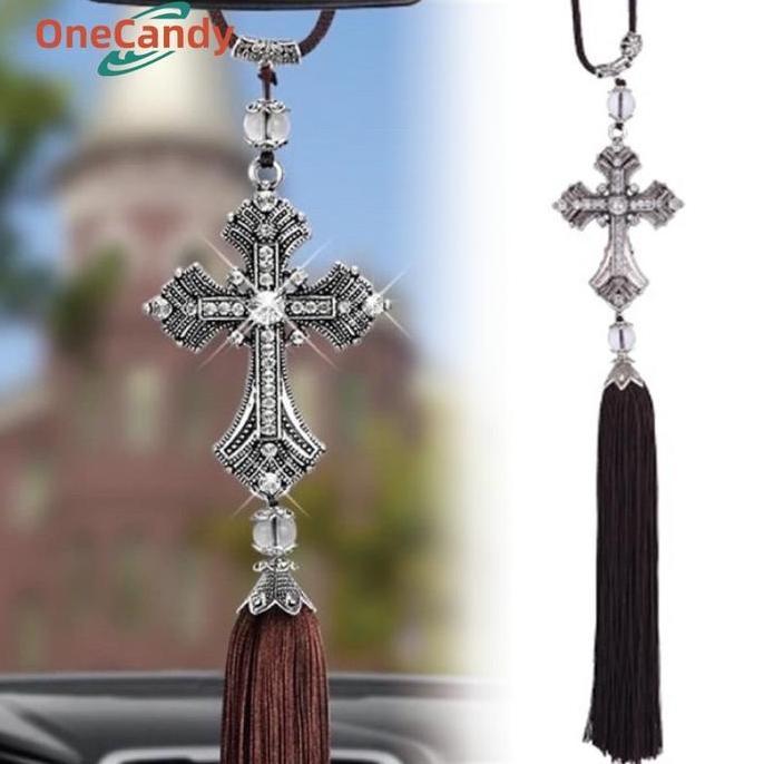 LORASTA Gantungan Motif Salib Mobil Kristen Car Pendant Christ Cross Hanger Silver Car Crystal Cross