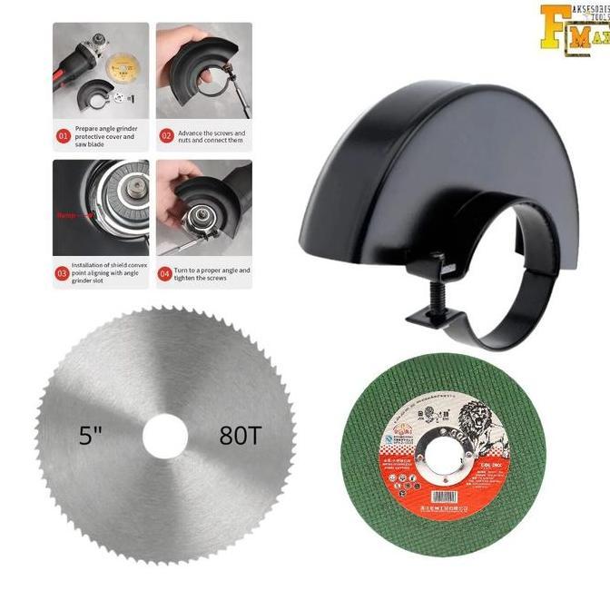 AHROKA Paket Hemat Cover Pelindung Mata Gerinda 5inch + Mata Potong Kayu 5inch & Mata Potong Besi 4i
