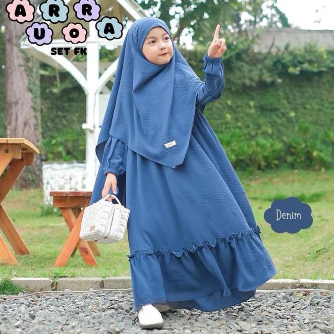 SY- Gamis Anak Perempuan Syar'i Aurora Set Frenckhimar Denim Size 3-11 Tahun Bahan Crinkle Airflow N