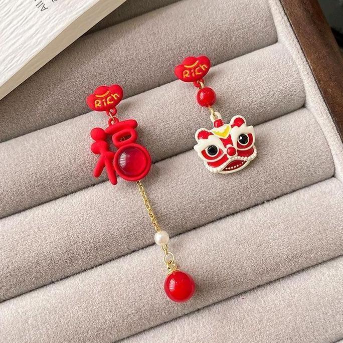 2026 Imlek Anting Barongsai Rich Sincia Merah Panjang Pendek Anting Wanita Juntai Cute Elegant SS