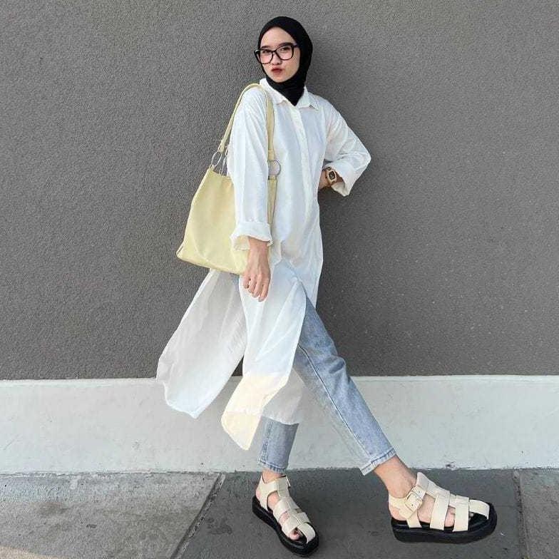 Kualitas Super Rhai Long Tunik Polos Tunik Lengan Panjang Atasan Tunik Wanita Kekinian