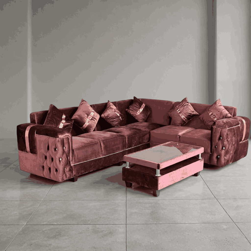 Sofa L Sudut Minimalis Chesterfield Velvet Premium + Meja Tamu Set Kaisa Furniture