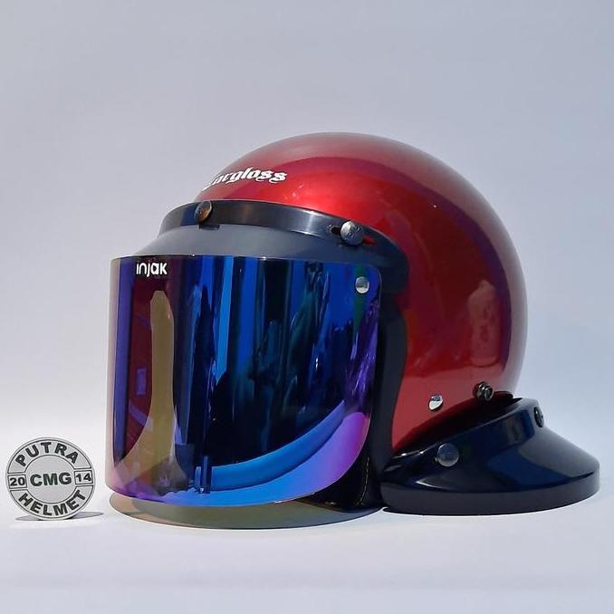 NEW PAKET HELM CARGLOSS ORIGINAL RETRO MERAH MARUN KACA DATAR FLAT CEMBUNG ORI