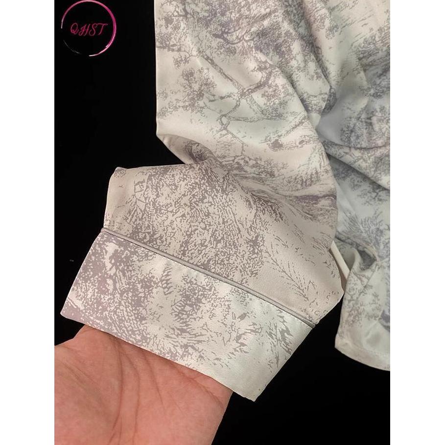 QHST Piyama Set Wanita Gaya Cina Lukisan Tinta Abu |  Lengan Panjang Celana Panjang | Baju Tidur Wan