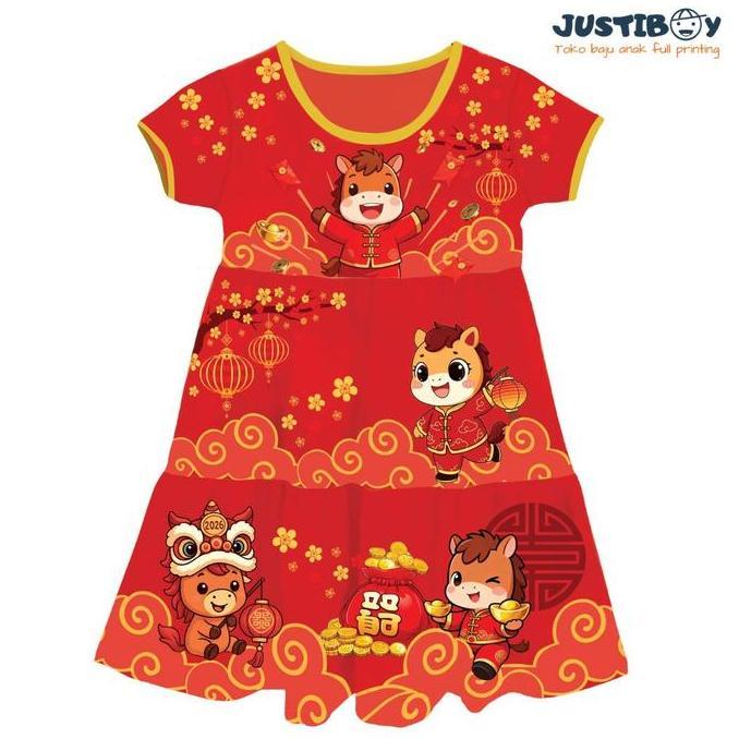 Daster Anak Perempuan Imlek Motif Shio Bahan Lycra Spandex Usia 3-9 Tahun [GABY]