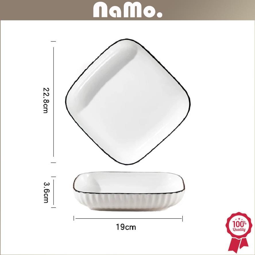 HEMAT Namo Gift - Piring Makan Kotak Keramik Putih List Black Yamada Style/ Piring Persegi Japanese 