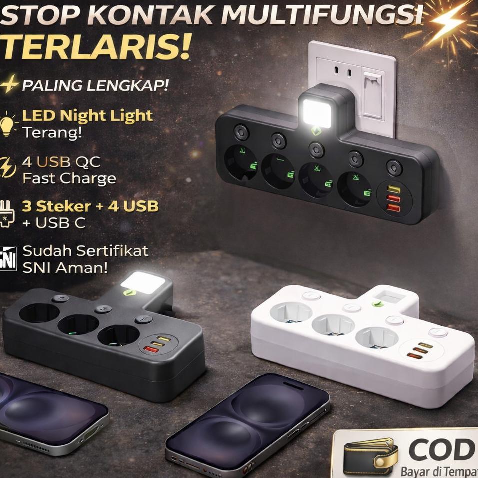 Cod Ready Stock | Stop Kontak Eu Plug 6 In 1 2500W Usb Type-C Dengan Lampu Malam | Power Strip Multi