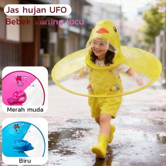 Jaket Hujan Bayi & Anak Ponco Bebek Kuning dengan Topi UFO Anti Basah Lucu & Nyaman C487