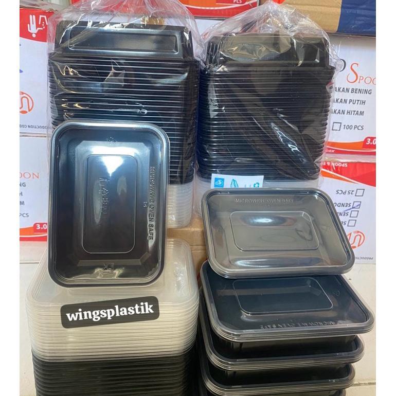 Thinwall Rect Hitam 500Ml & 750Ml & 1000Ml + Tutup / Thinwall Persegi Panjang (Isi 25 Pcs)