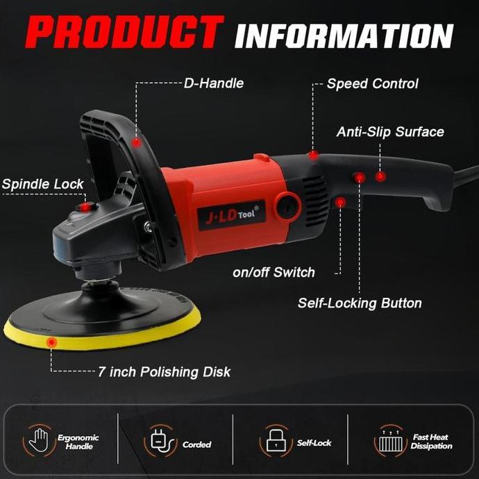 Jld Mesin Poles 7" Angle Polisher Mesin Poles Tangan Polisher Mobil Motor 6 Various Speed Heavy Duty