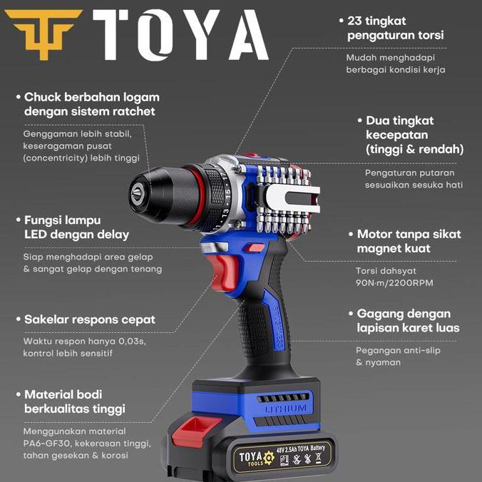 48VF TOYA Mesin bor baterai cas 10mm bor listrik  bor tangan baterai besi tembok Beton kayu - Cordle