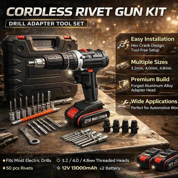 ATHHINE Mesin Bor Rivet Gun Electric Mesin Bor Baterai Cordless Drill Impact Listrik Tangan 2 In 1 D