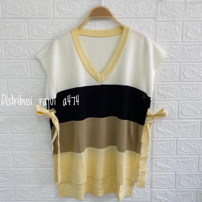 Lansungkirim- Vest Nadia Rompi Rajut Tali Samping Model Stipy Pelangi Wanita Motif Panjang