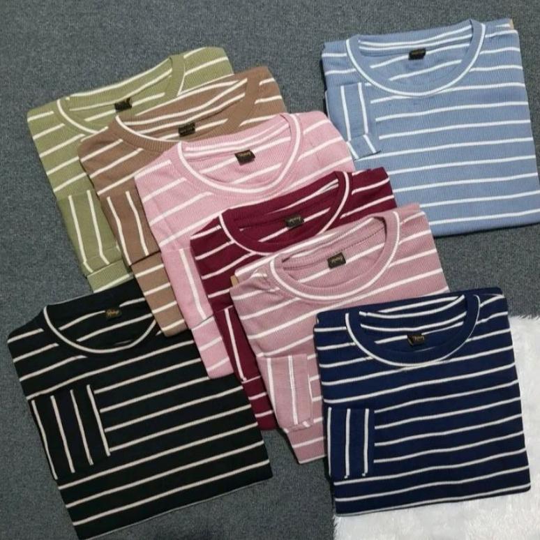 best seller T-Shirt Stripe Rip&Waffle Long Sleeve,Oblong Wanita/Pria,Kaos Rib&Wafle Lengan Panjang y