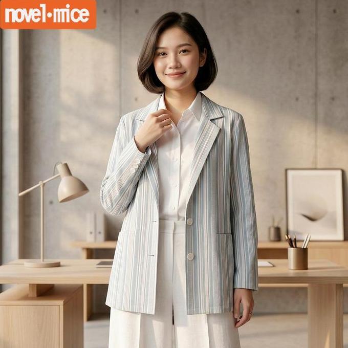 Blazer Wanita Katun Salur | Outer Wanita Blue Stripe Lengan Panjang Motif Salur | Novel Mice Outlet